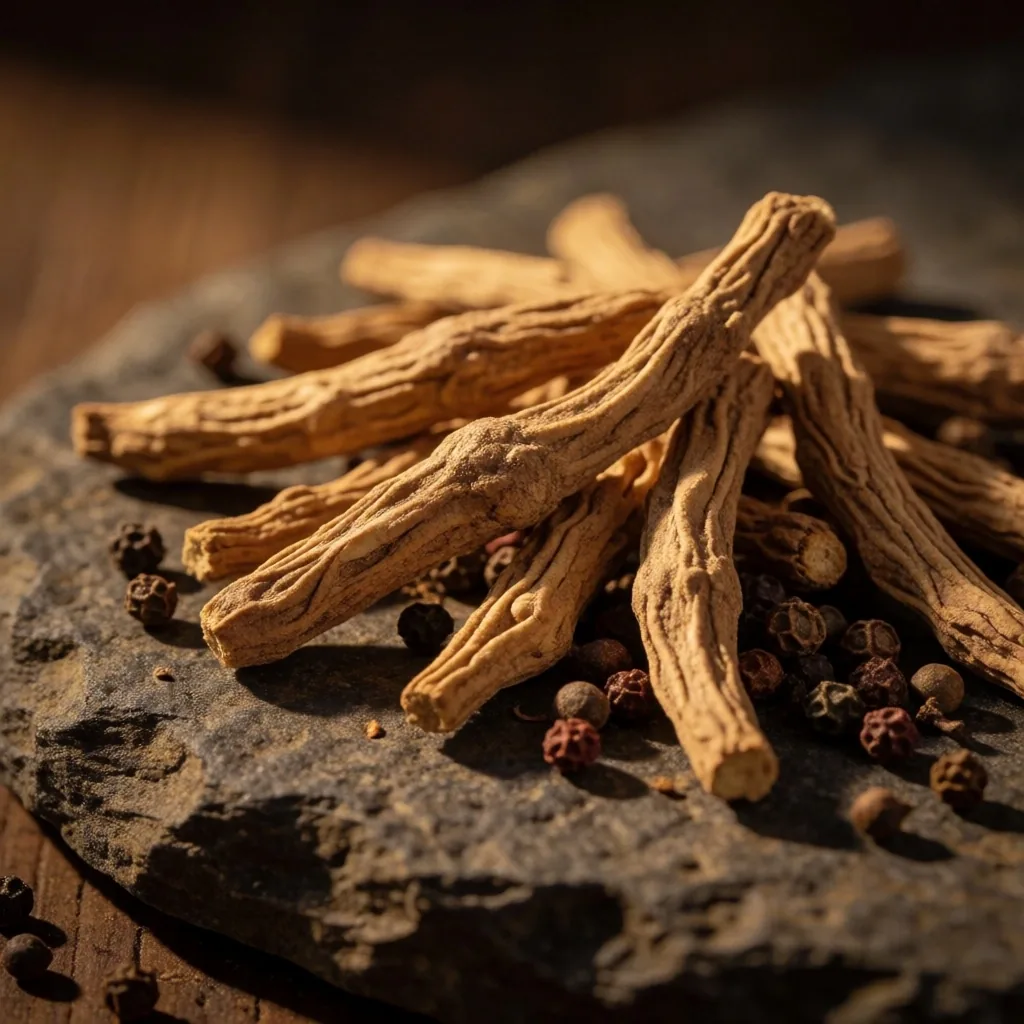 Raw botanical ingredients on a dark stone surface