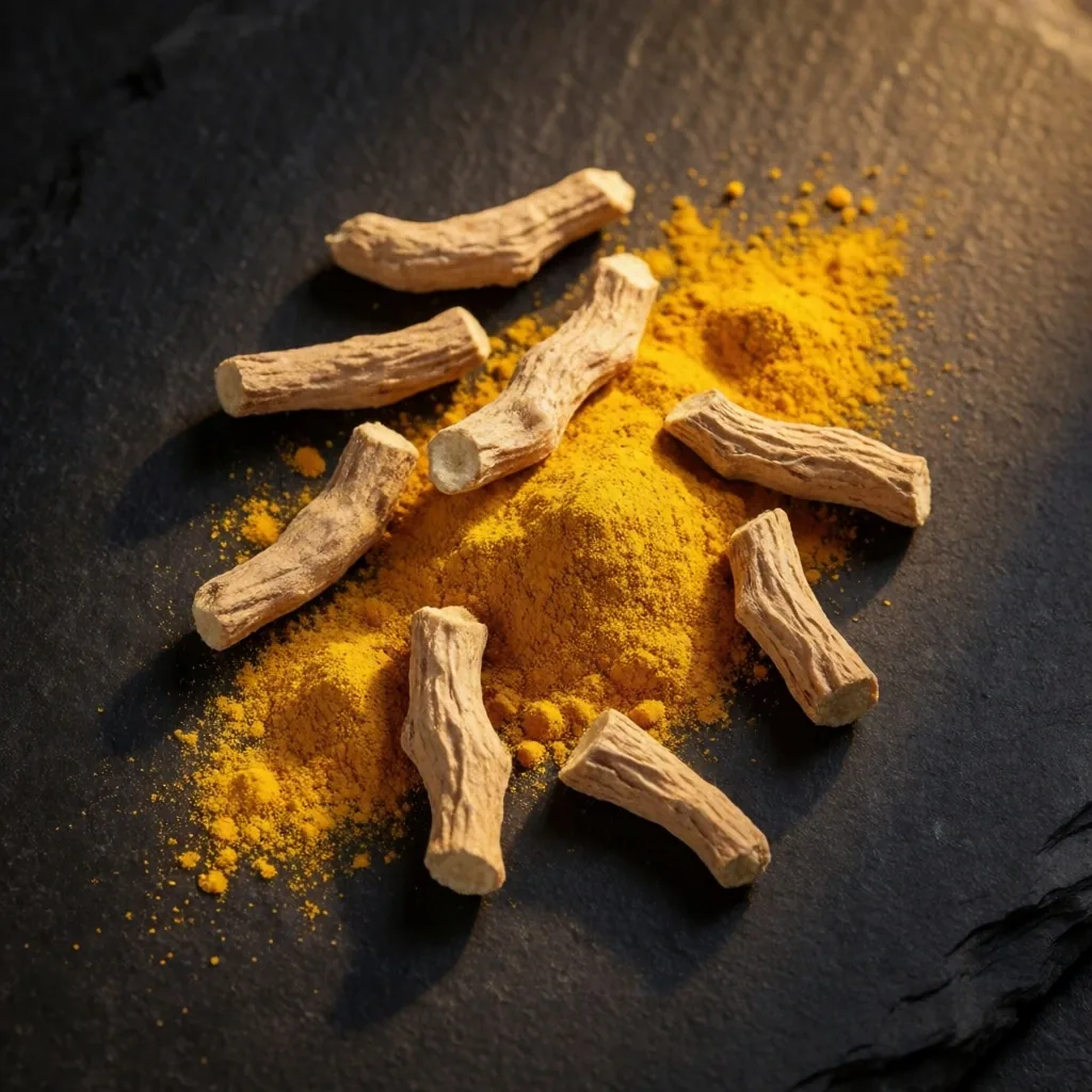 Natural supplement ingredients on dark stone surface