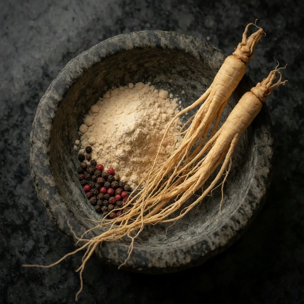 Botanical ingredients in stone mortar