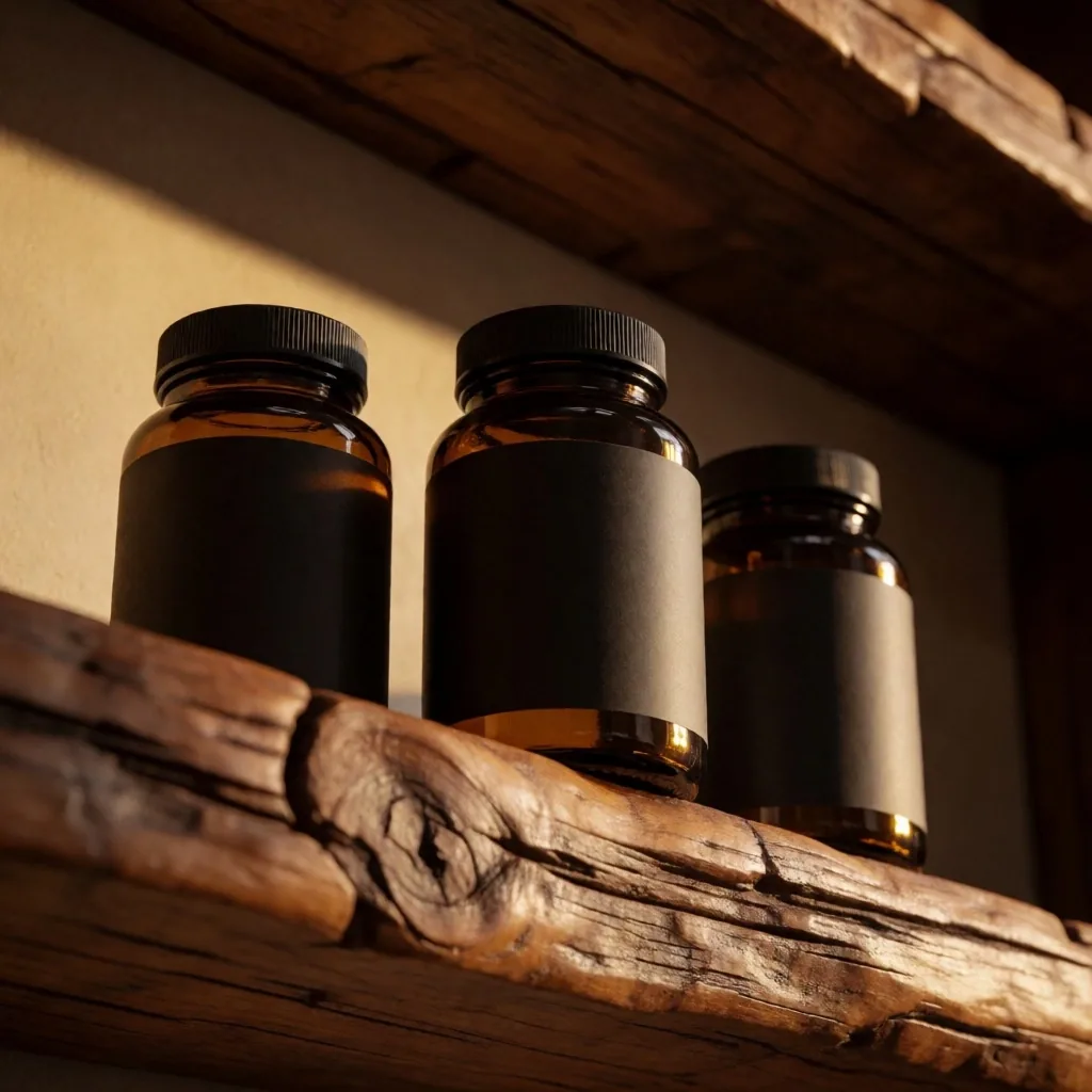 Natural supplement bottles on timber shelf