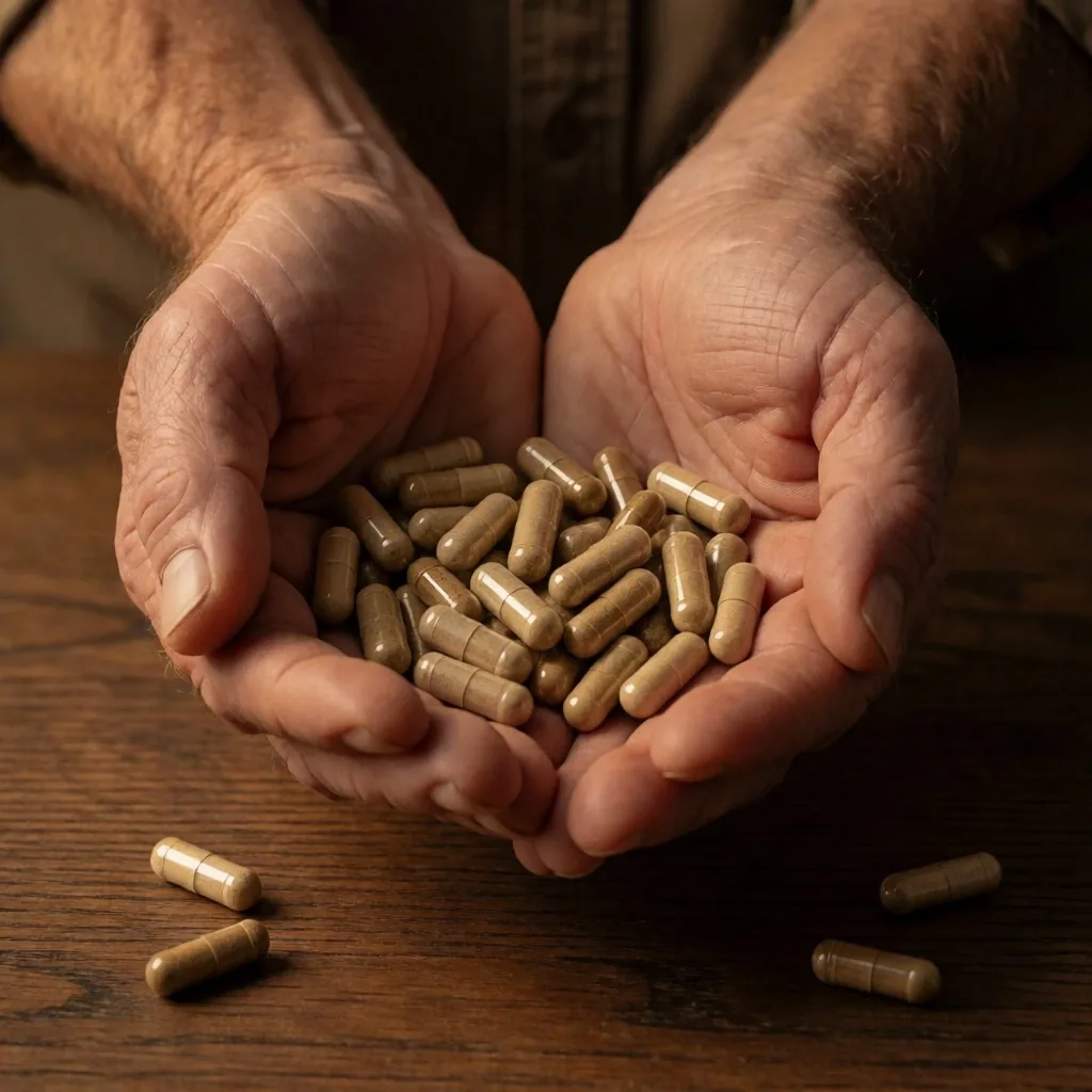 Hands holding natural supplement capsules over a dark workbench
