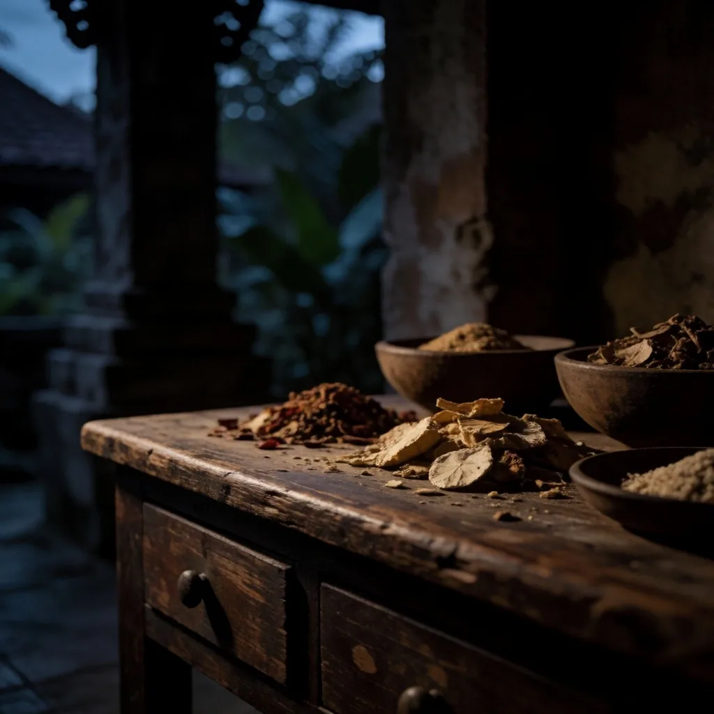 Indonesian timber architecture silhouetted at dusk