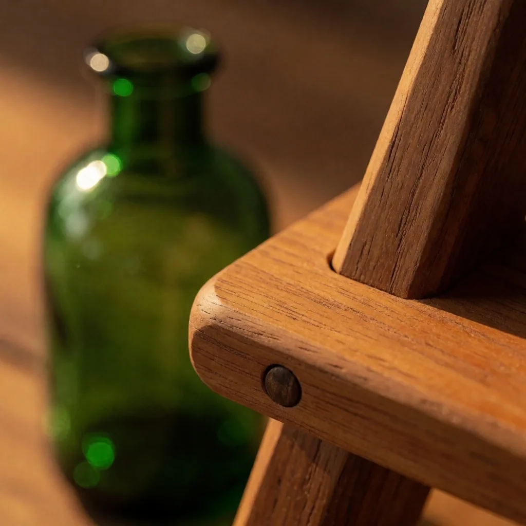 Macro detail of an Indonesian timber joinery connection under warm lamplight