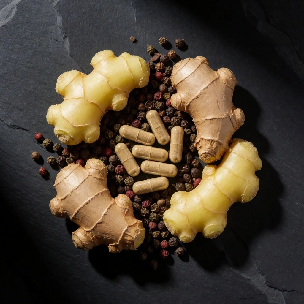 Natural botanical capsules arranged on a dark stone surface with turmeric and ginger