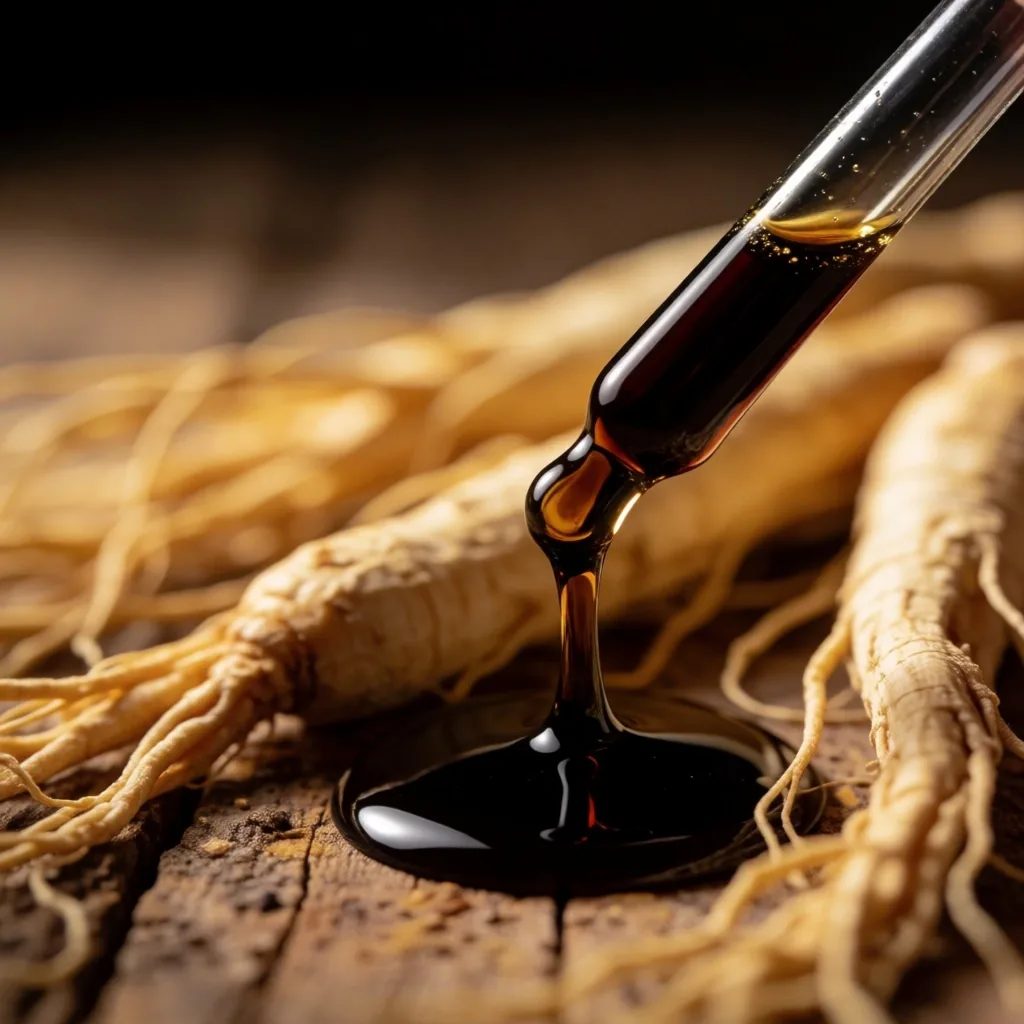 Botanical energy extract with raw plant material on timber