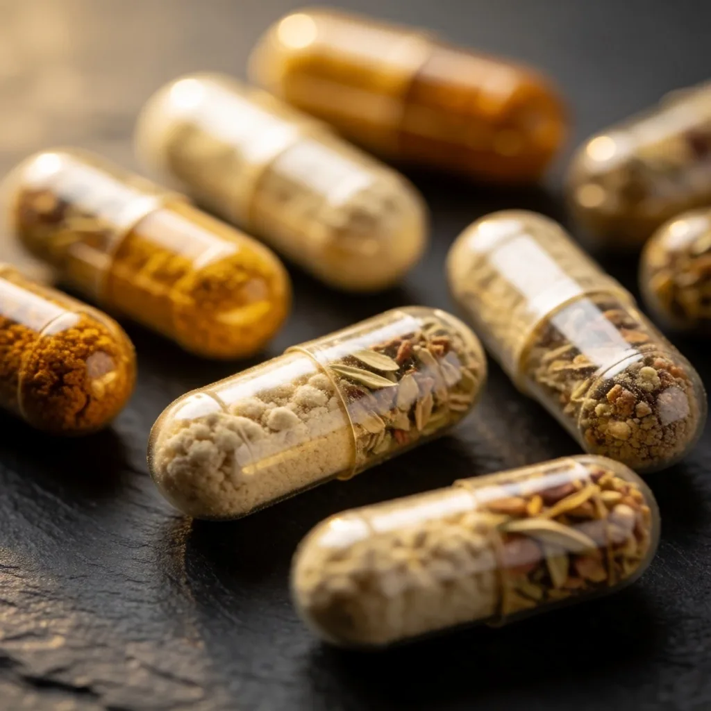 Daily essential vitamin capsules on dark surface
