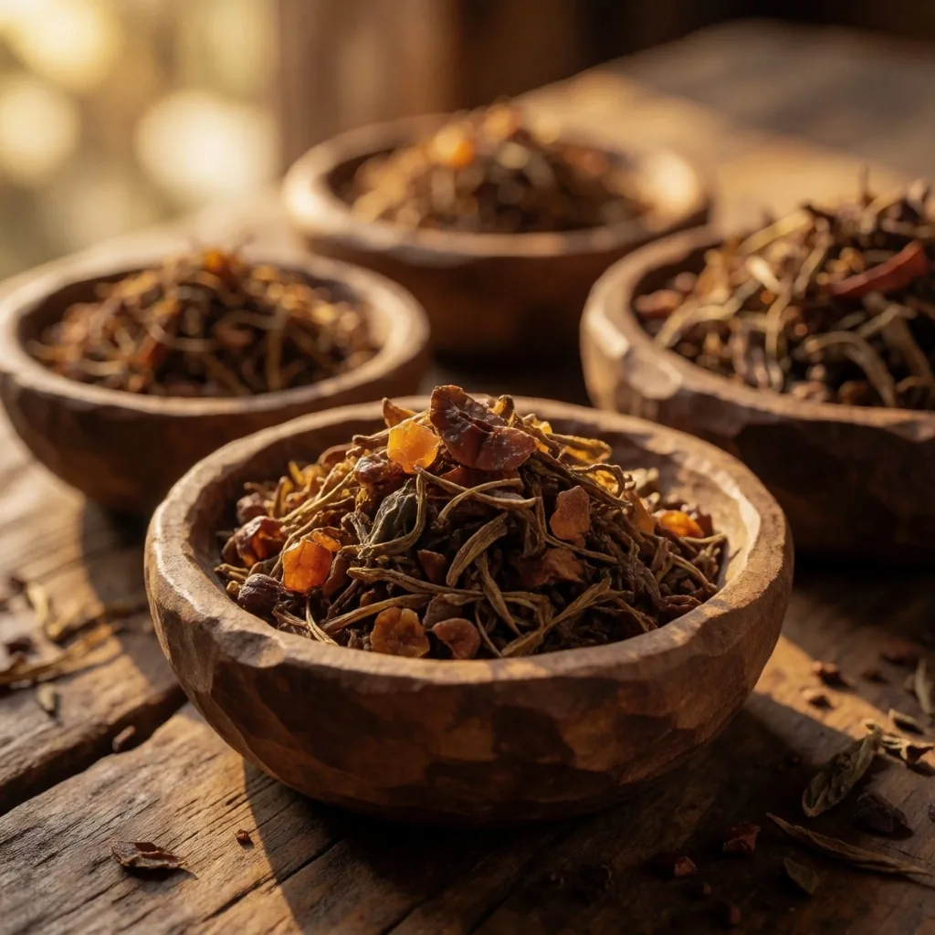 Indonesian herbal botanicals on timber board