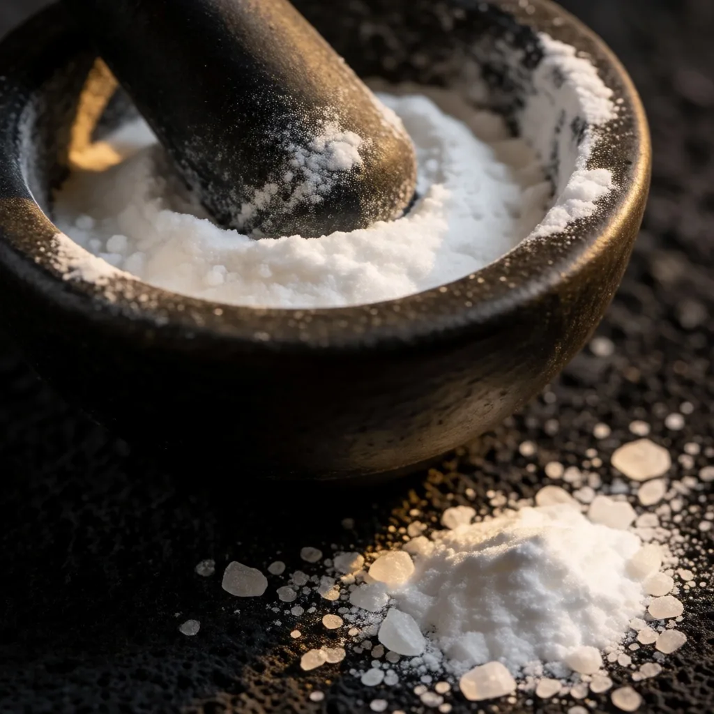 Mineral supplement powder in a mortar on stone