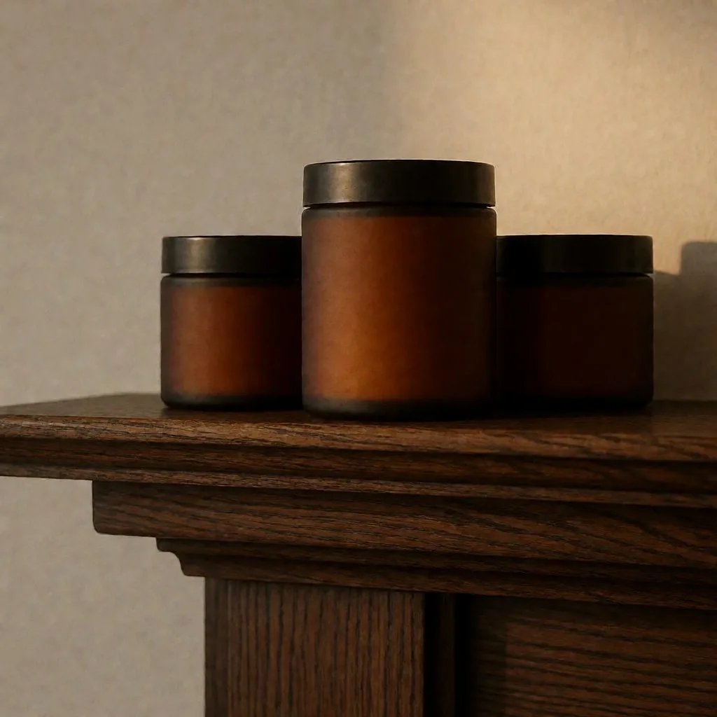 Supplement bottles on a wooden shelf in evening light
