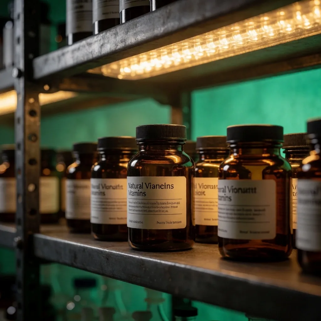 Amber glass sample bottles arranged on a dark shelf