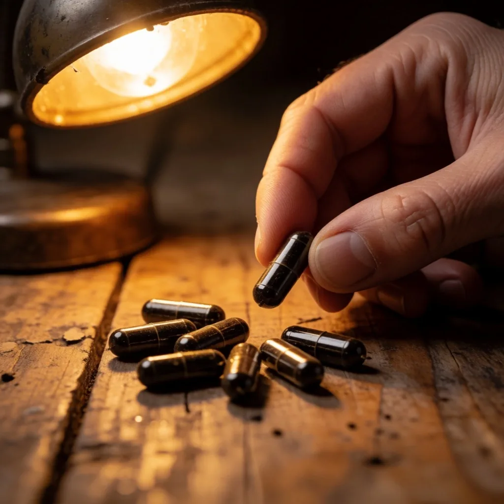 Botanical supplement capsules on a timber workbench under warm work-lamp light
