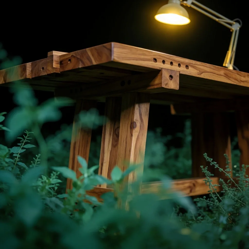 Timber joinery workshop at night with warm lamp light
